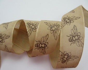 Natural Bee Ribbon Wired 1 1/2" inch wide Brown Ribbon Party Wreath Gift Wrap Gift Basket Center Piece Floral Arrangement Home Decor LR014