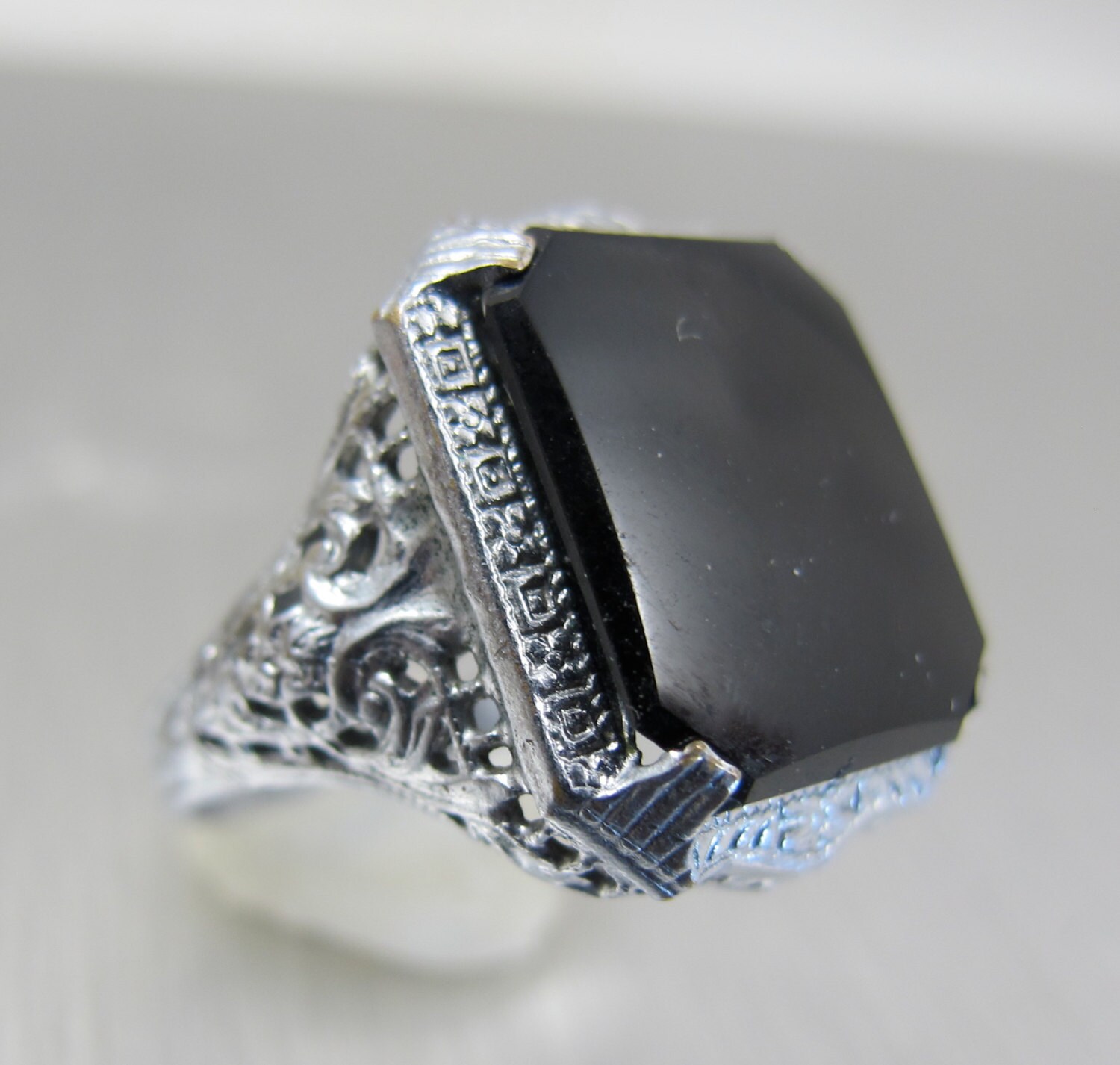 Art Deco Black Onyx Ring Rhodium Filigree by TonettesTreasures