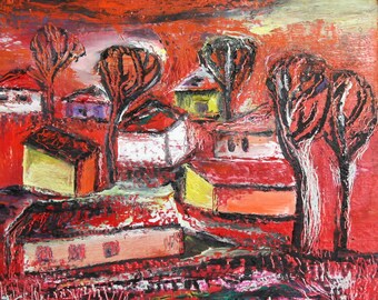 Vintage oil painting expressionist country scene
