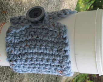 Blue Fleck Crochet Cup Cozy with Button Ready to Ship