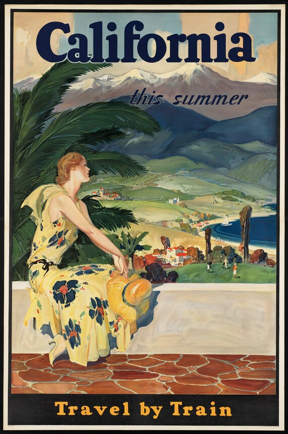 American Travel Poster California Travel by Train Art Deco