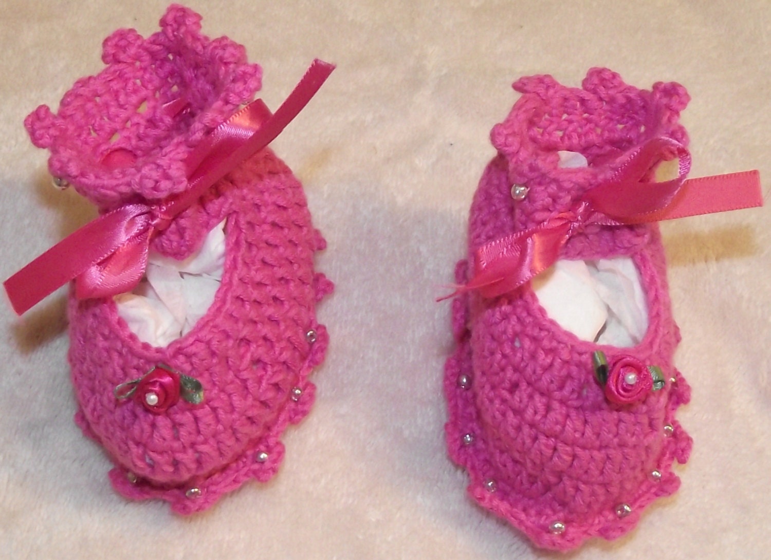 Hand Crocheted & Decorated Pink Cotton Baby Booties.