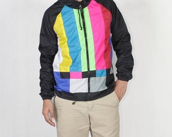 TV Color Bar Windbreaker Hood Jacket Waterproof.