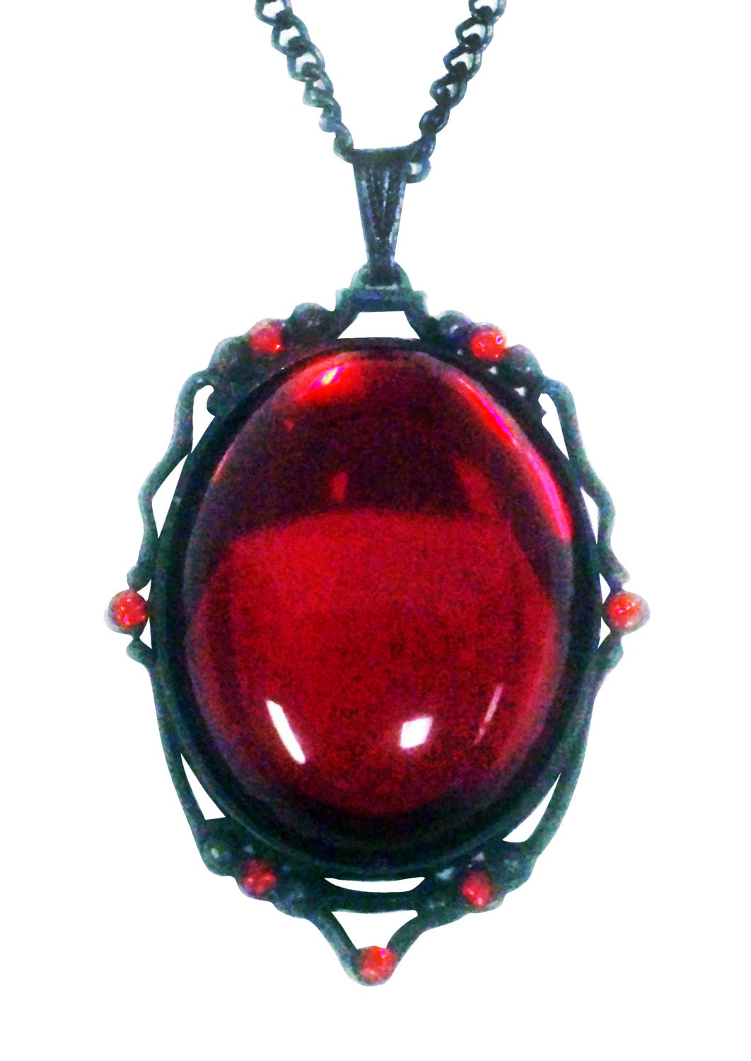 Gothic Blood Red Cabochon Set in Black Pewter Frame Pendant