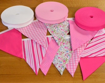 Mixed Pink double sided fabric bunting, 10, 15 or 20 flags.