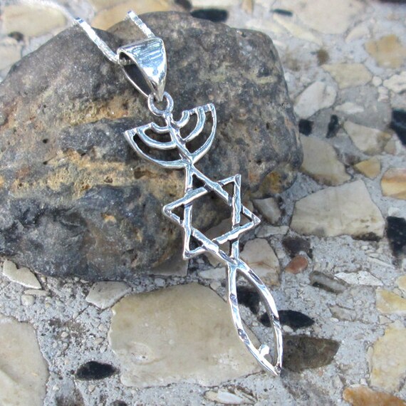 Jewish Symbol Pendant Menorah David Star and Fish by Milanojewelry