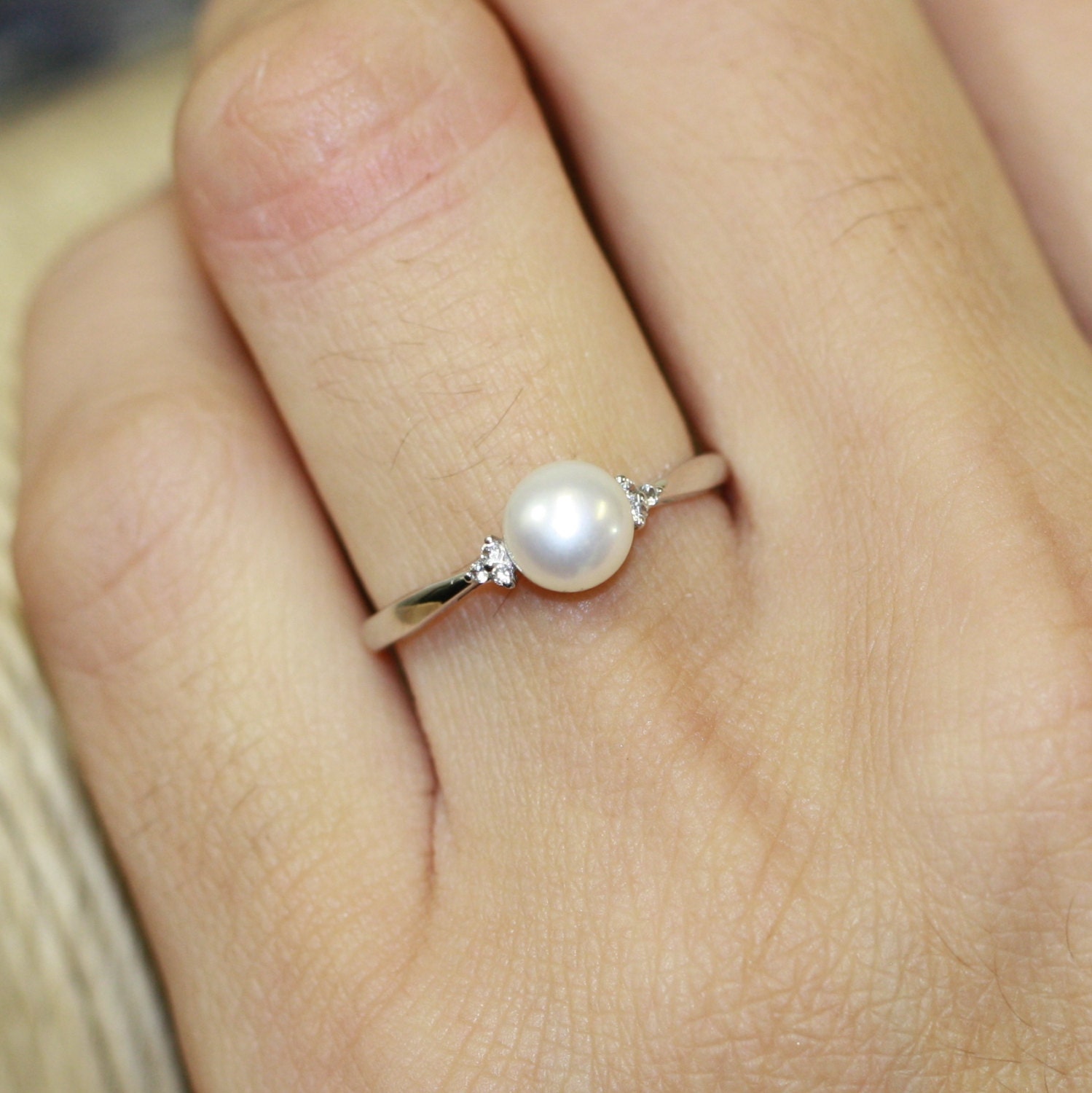 Single Pearl Ring in 10k White Gold Pearl Engagement Ring June