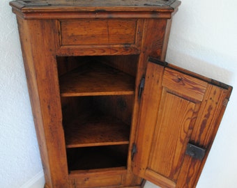 Antique Austrian Corner Cabinet Cupboard Solid Oak Wood Triangle Shape