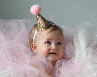 Pink and Gold First Birthday Party Hat, Party Hat, First Birthday Hat, Cake Smash Hat, Cone Hat, Pom Pom Hat, Baby Birthday Headband