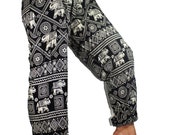 Hippie Pants Elephant - gypsy clothing harem pant design one size fits all elastic waist ankle in Black White unisex