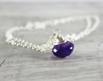 Dark Purple Necklace, Sterling Silver Necklace, Amethyst Gemstone Necklace, Wire Wrap Necklace, Pendant Drop Necklace, February Birthstone