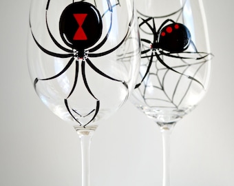 Black Widow Spider Wine Glasses - Set of 2 Hand Painted Halloween Glasses