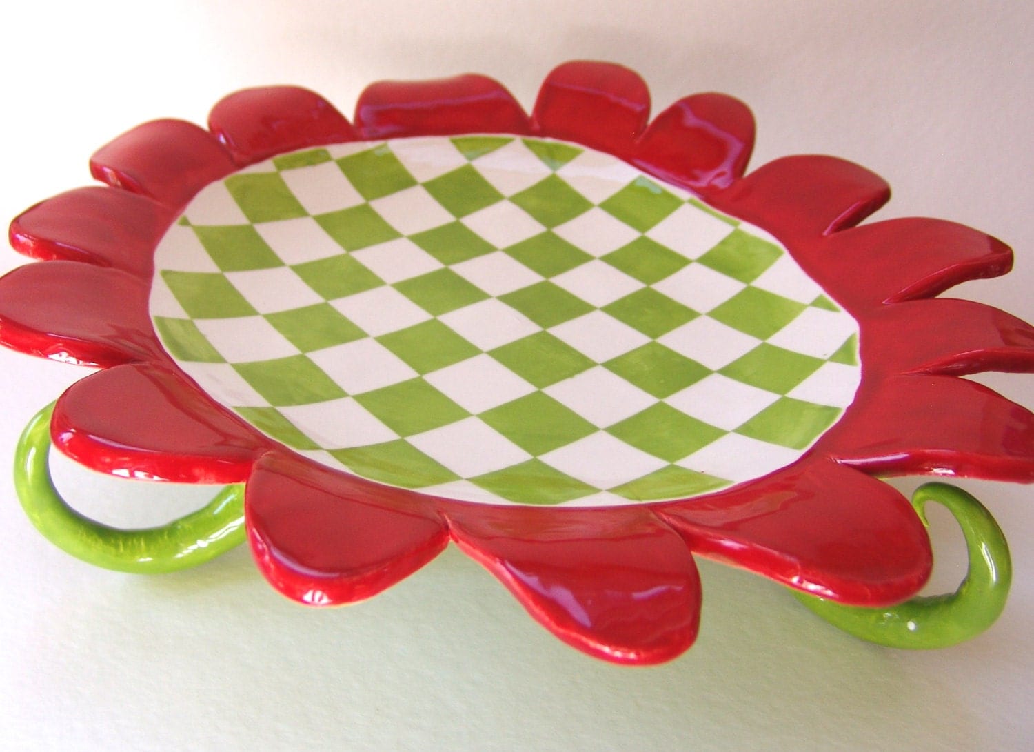 pottery Serving Dish lime green & red checkered by maryjudy