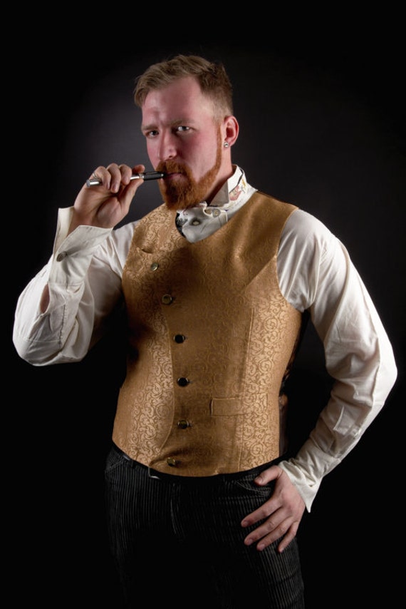 Steampunk Vest Mens Waistcoat Asymmetrical Gold Scroll Victorian Groom- Custom to Order by KMKDesignsllc steampunk buy now online