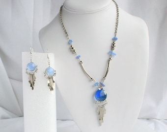 Blue Southwestern Necklace Earrings Set Vintage Round Blue Glass Silver Spoon Drops Pierced Dangles