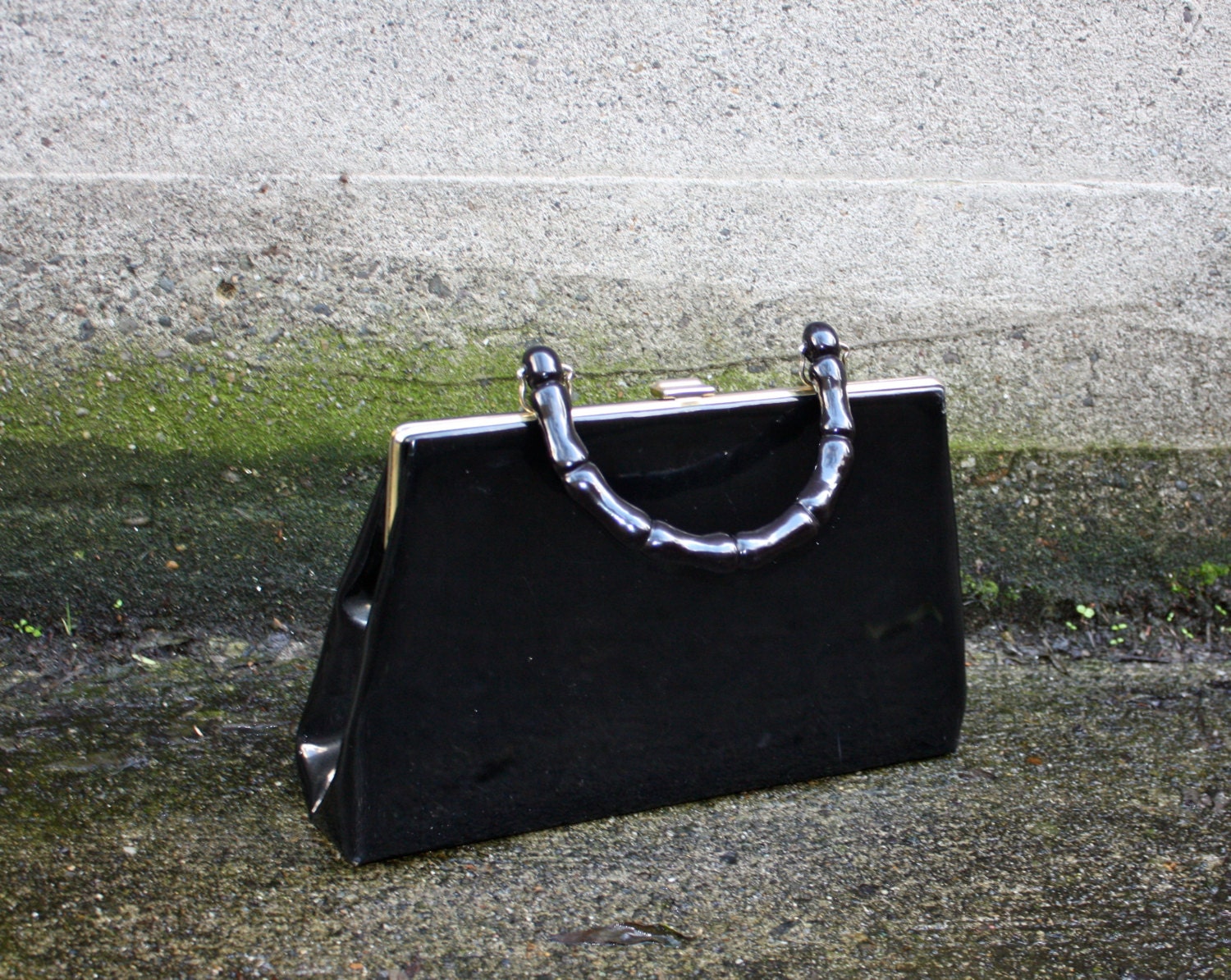 Vintage 1950s Dover Black Patent Leather Handbag with Resin