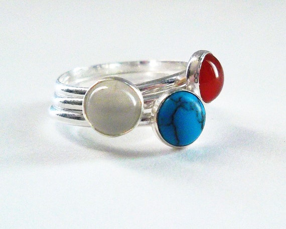 Gemstone Stackable Rings, Set of Three (3) Red Blue and White Stone Rings, Fourth of July Jewelry