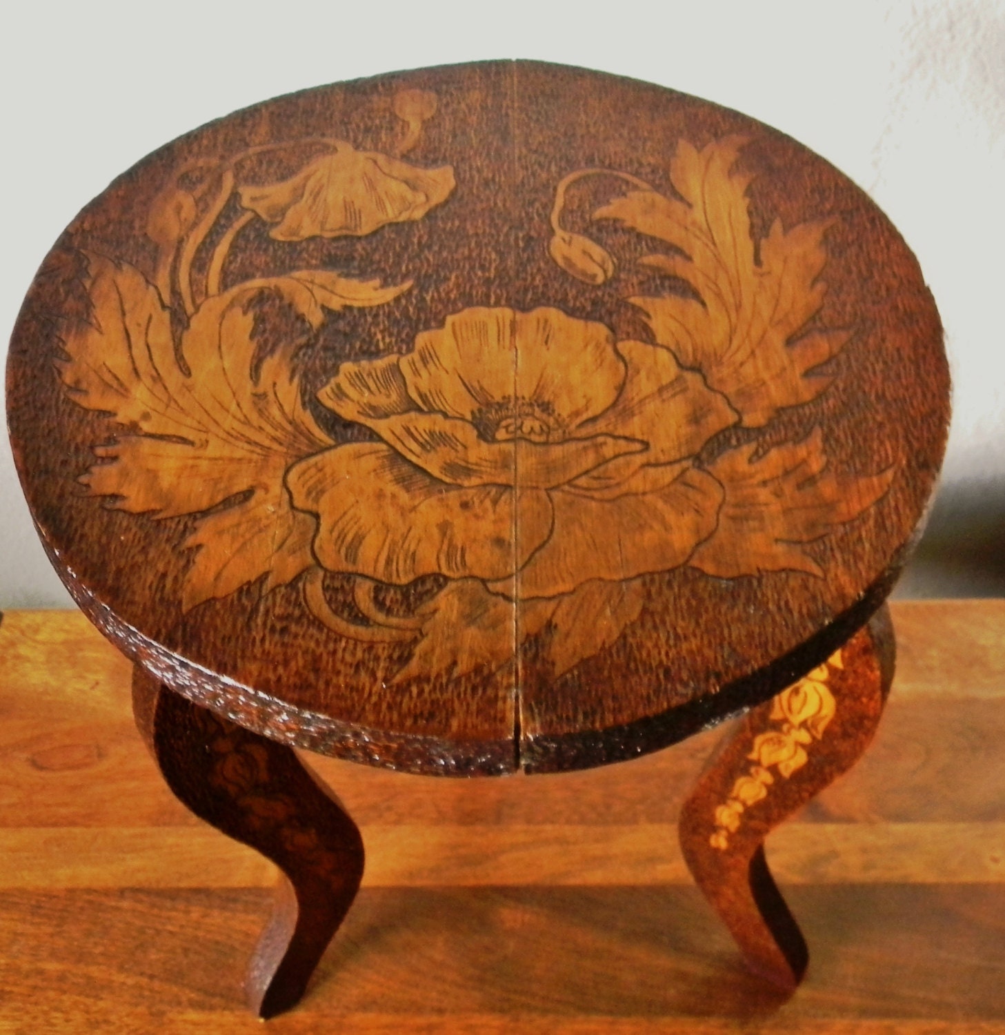 Vintage Pyrography – Wood Burned Decorative Stool – Haute Juice