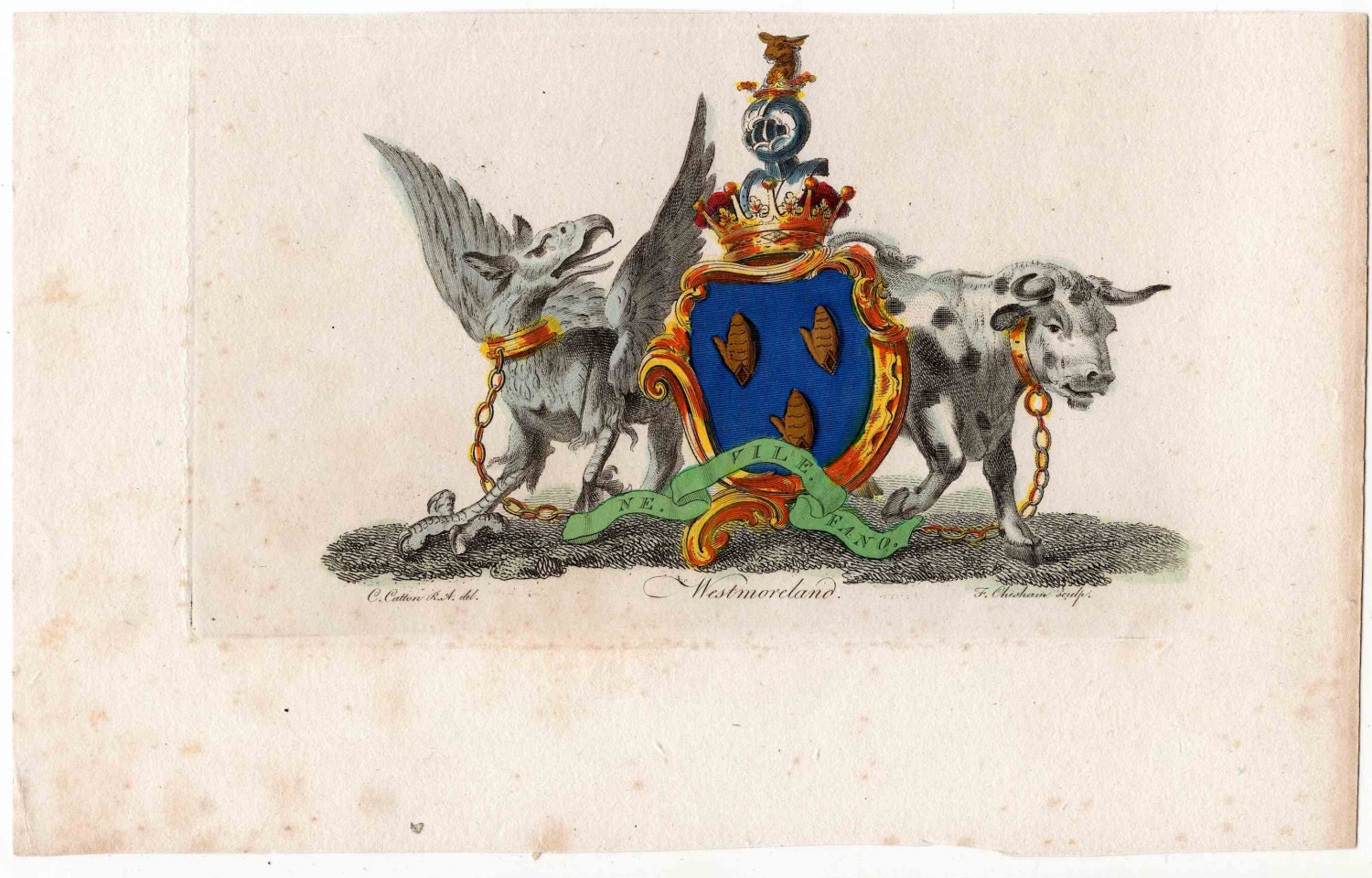1790 heraldic crest original antique engraving westmoreland