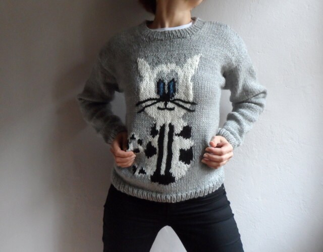 Cat Sweater in Gray Knit Cat Sweater Wool Cat Sweater Women