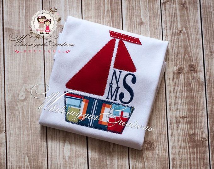 Sail Boat Applique Shirt with Initials - Custom Vintage Stitches Monogrammed Boys Shirt