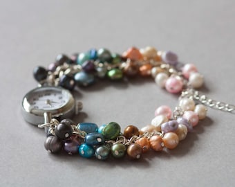 Rainbow freshwater pearls beaded watch bracelet, June birthstone watch.