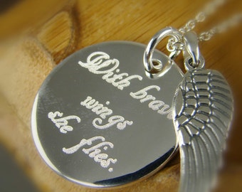 With Brave Wings She Flies Necklace Pendant, Custom Inspirational Gift for Her Word Art Jewelry 925 Sterling Silver N018
