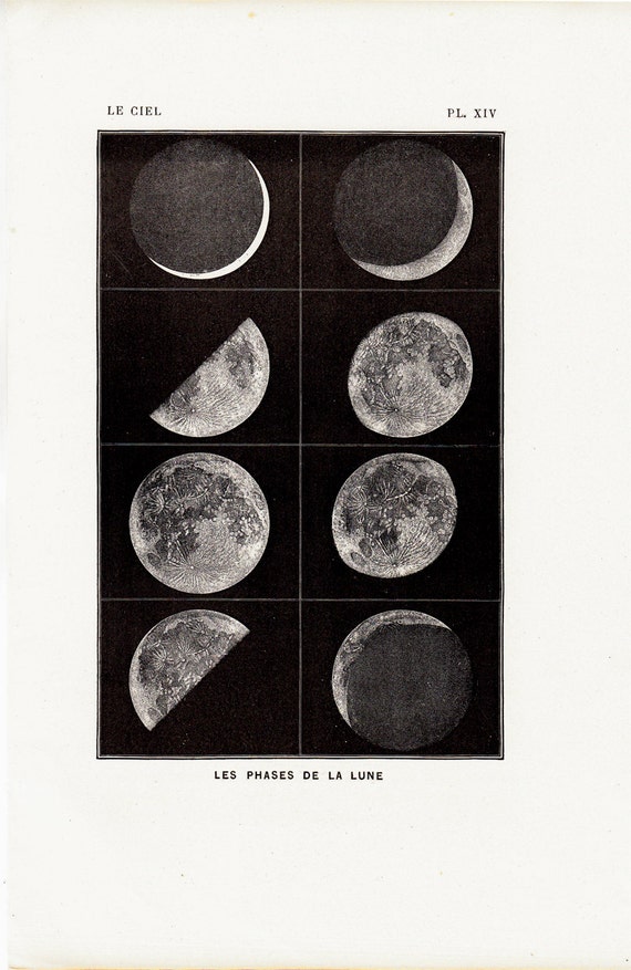 1877 Antique MOON print. lunar phases old astronomy print