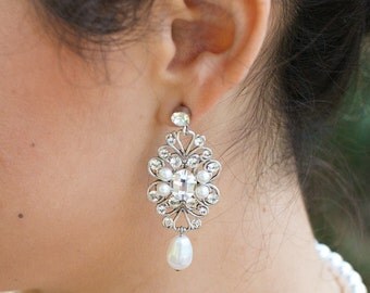 swarovski crystal earrings bridal earrings pearl bridal earrings bridal chandelier earrings rhinestone earrings wedding earrings MORGAN