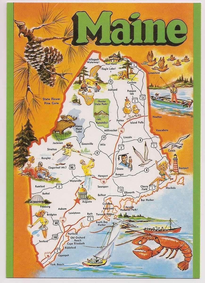 Maine Tourist Map Vintage Chrome Postcard Souvenir With