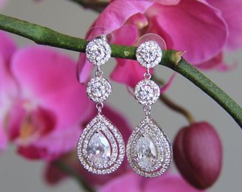Wedding jewelry, bridal jewelry, wedding earrings, bridal earrings, Cubic zironia earrings, cz earrings with round and tear drop stones