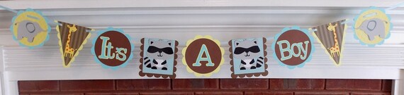 It's A Boy Baby Shower Banner ... Blue Yellow Brown ... Raccoon Giraffe Elephant Il_570xn