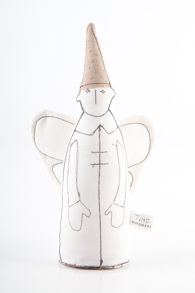 Soft sculpture - Black & White guardian angel With white wings Wearing Gray - Beige with gold dots pointed hat - handmade fabric doll