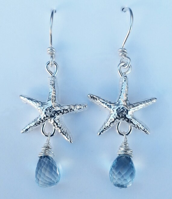 Fine Silver Starfish Earrings w/ Aquamarine by KismetsCreations