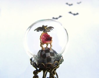 Halloween Ring Owl and armchair on checker floor- fantasy adjustable ring.