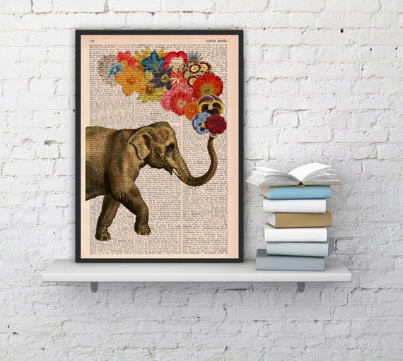 Elephant with Flowers - Love book print  - Elephant in love - Printed over vintage dictionary book page