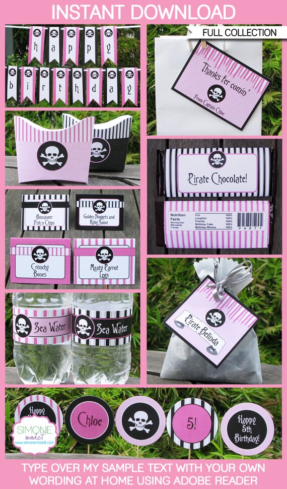 Girl Pirate Birthday Party - INSTANT DOWNLOAD full Printable Collection + Invitation - EDITABLE text you personalize with Adobe Reader Il_570xn