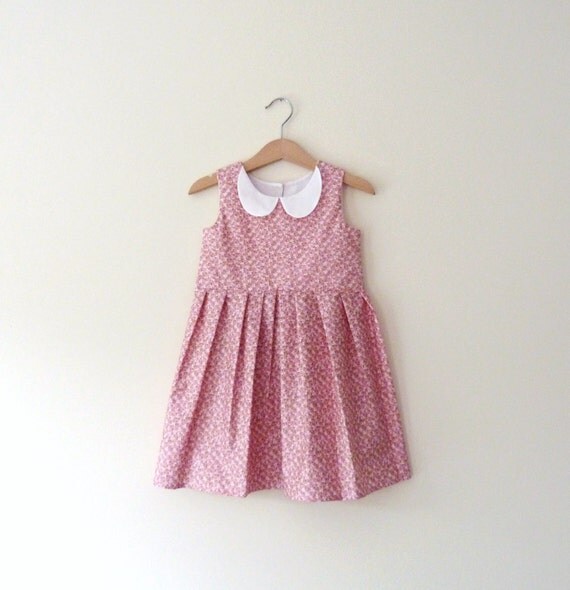 Items similar to Girls Pink Floral Peter Pan Collar Pleat Dress on Etsy