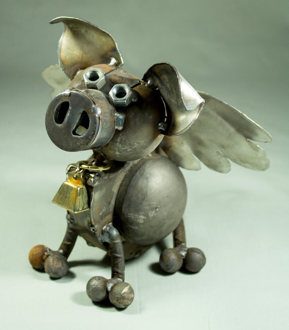 Flying Pig Recycled steel sculpture by TheIronPhoenix on Etsy