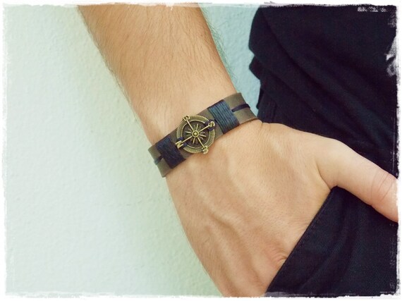 Men's Nautical Bracelet, Compass Leather Bracelet, Traveler's Bracelet, Steampunk Men's Bracelet, Men's Nautical Jewlry, Navy Compass Cuff by ChrisOsCreations steampunk buy now online