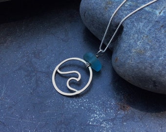 Sea glass jewelry, Wave necklace with blue sea glass, Surfer Girl