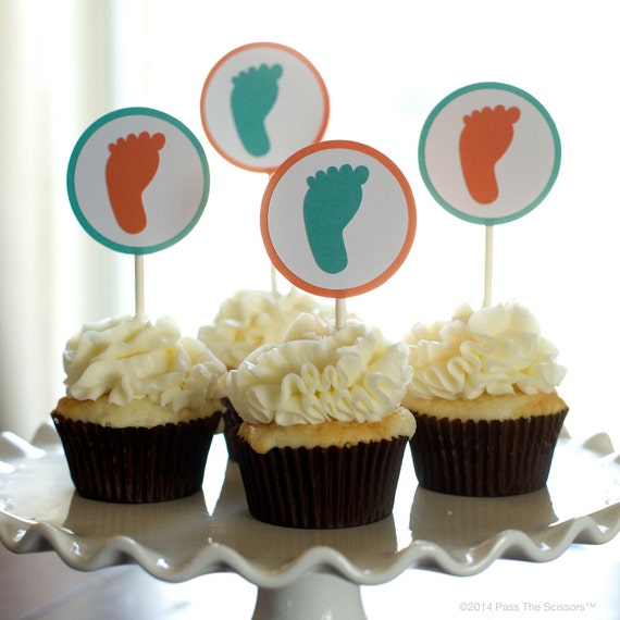 Baby Shower Footprint Decoration Orange and Turquoise Modern Cupcake Topper Il_570xn