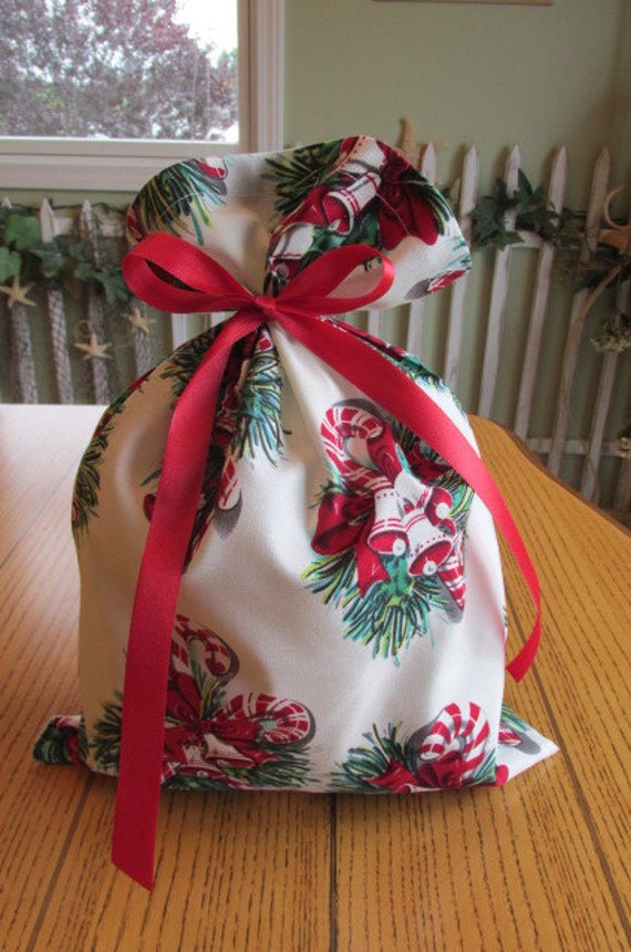 Vintage Candy Canes fabric gift bag, Small. Reusable and adorable.