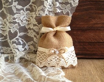 10 burlap and lace favor bags with personazlied tags and