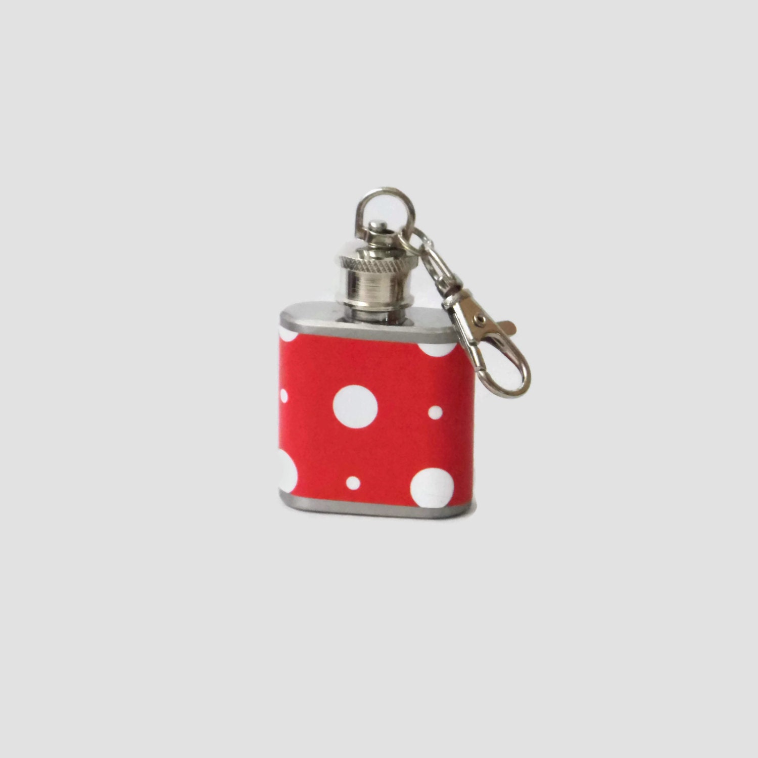 1oz Stainless Steel Keychain Flask with white polka dots on