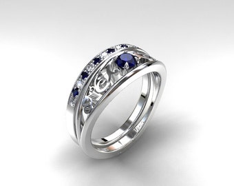 engagement ring set blue sapphire ring diamond wedding sapphire engagement filigree ring - Sapphire Wedding Ring Sets engagement ring set blue sapphire ring diamond wedding sapphire engagement filigree ring - Sapphire Wedding Ring Sets