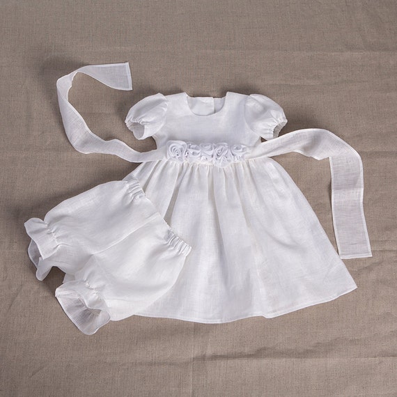 Baby girl baptism linen dress bloomers baby special occasion