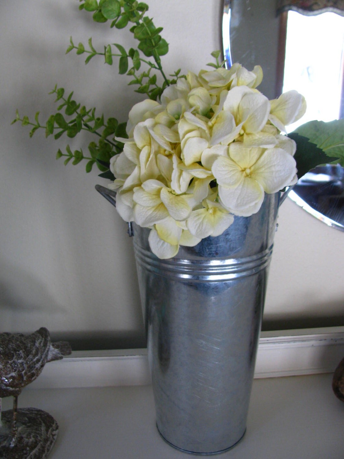 Tall Galvanized Silver Rustic Flower Bucket w/ Two Handles