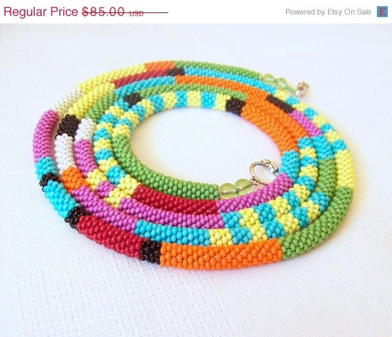 EASTER SALE Long Beaded Crochet Rope Necklace - Beadwork - Seed beads jewelry - African style necklace - Elegant - Geometric  - Colorful nec