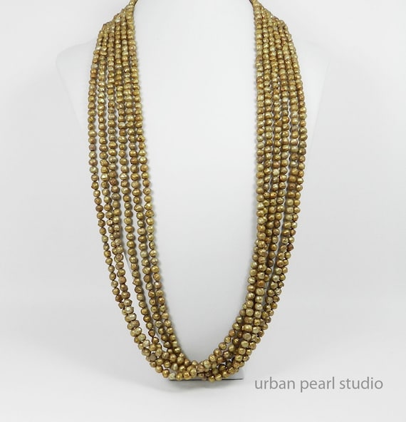 Gold Multi Strand Long Pearl Necklace by UrbanPearlStudio on Etsy